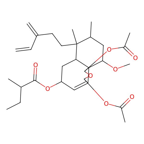 2D Structure of [1,3-Diacetyloxy-10-methoxy-7,8-dimethyl-7-(3-methylidenepent-4-enyl)-1,3,5,6,6a,8,9,10-octahydrobenzo[d][2]benzofuran-5-yl] 2-methylbutanoate
