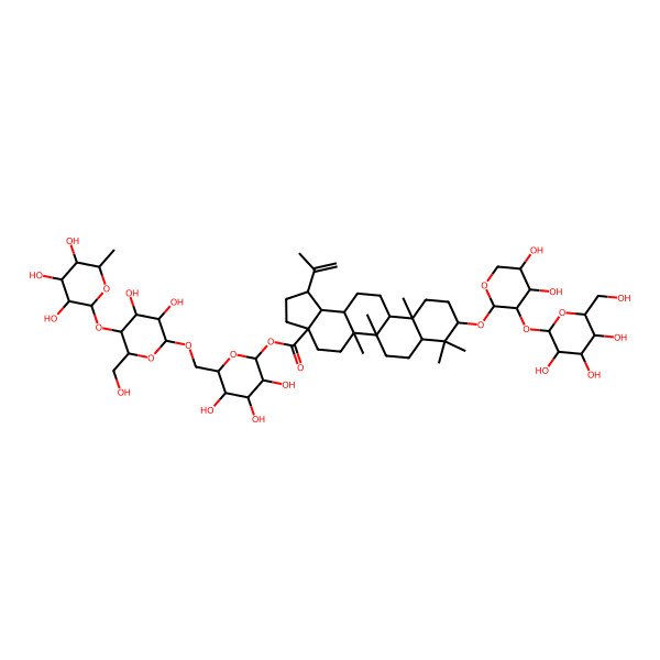 2D Structure of [(2S,3R,4S,5S,6R)-6-[[(2R,3R,4S,5S,6R)-3,4-dihydroxy-6-(hydroxymethyl)-5-[(2S,3R,4R,5R,6S)-3,4,5-trihydroxy-6-methyloxan-2-yl]oxyoxan-2-yl]oxymethyl]-3,4,5-trihydroxyoxan-2-yl] (1R,3aS,5aR,5bR,7aR,9S,11aR,11bR,13aR,13bS)-9-[(2S,3R,4S,5S)-4,5-dihydroxy-3-[(2S,3R,4S,5R,6R)-3,4,5-trihydroxy-6-(hydroxymethyl)oxan-2-yl]oxyoxan-2-yl]oxy-5a,5b,8,8,11a-pentamethyl-1-prop-1-en-2-yl-1,2,3,4,5,6,7,7a,9,10,11,11b,12,13,13a,13b-hexadecahydrocyclopenta[a]chrysene-3a-carboxylate