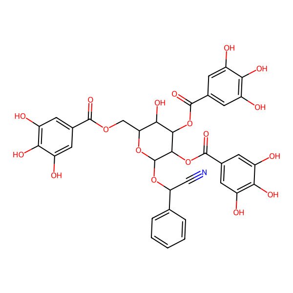 2D Structure of [(2R,3R,4S,5R,6R)-6-[(R)-cyano(phenyl)methoxy]-3-hydroxy-4,5-bis[(3,4,5-trihydroxybenzoyl)oxy]oxan-2-yl]methyl 3,4,5-trihydroxybenzoate