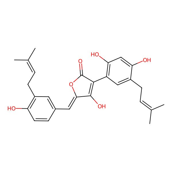 2D Structure of 3-[2,4-Dihydroxy-5-(3-methylbut-2-enyl)phenyl]-4-hydroxy-5-[[4-hydroxy-3-(3-methylbut-2-enyl)phenyl]methylidene]furan-2-one