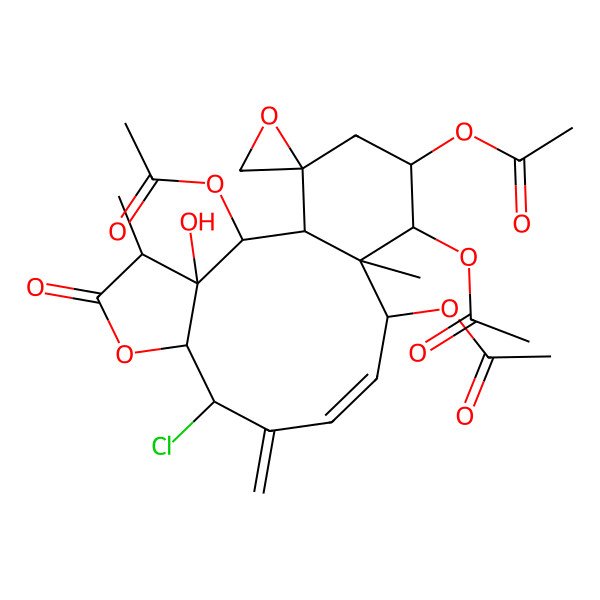 2D Structure of [(1R,2R,3S,4S,7S,8R,10E,12R,13R,14S,15R,17S)-2,12,14-triacetyloxy-8-chloro-3-hydroxy-4,13-dimethyl-9-methylidene-5-oxospiro[6-oxatricyclo[11.4.0.03,7]heptadec-10-ene-17,2'-oxirane]-15-yl] acetate