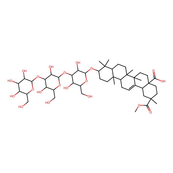 2D Structure of (2R,4aS,6aS,6aS,6bR,8aR,10S,12aR,14bR)-10-[(2S,3S,4R,5S,6S)-4-[(2R,3S,4R,5S,6S)-3,5-dihydroxy-6-(hydroxymethyl)-4-[(2R,3S,4R,5R,6S)-3,4,5-trihydroxy-6-(hydroxymethyl)oxan-2-yl]oxyoxan-2-yl]oxy-3,5-dihydroxy-6-(hydroxymethyl)oxan-2-yl]oxy-2-methoxycarbonyl-2,6a,6b,9,9,12a-hexamethyl-1,3,4,5,6,6a,7,8,8a,10,11,12,13,14b-tetradecahydropicene-4a-carboxylic acid