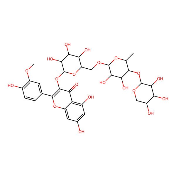 2D Structure of 3-[(2S,3S,4R,5R,6S)-6-[[(2R,3R,4R,5R,6R)-3,4-dihydroxy-6-methyl-5-[(2S,3S,4R,5R)-3,4,5-trihydroxyoxan-2-yl]oxyoxan-2-yl]oxymethyl]-3,4,5-trihydroxyoxan-2-yl]oxy-5,7-dihydroxy-2-(4-hydroxy-3-methoxyphenyl)chromen-4-one