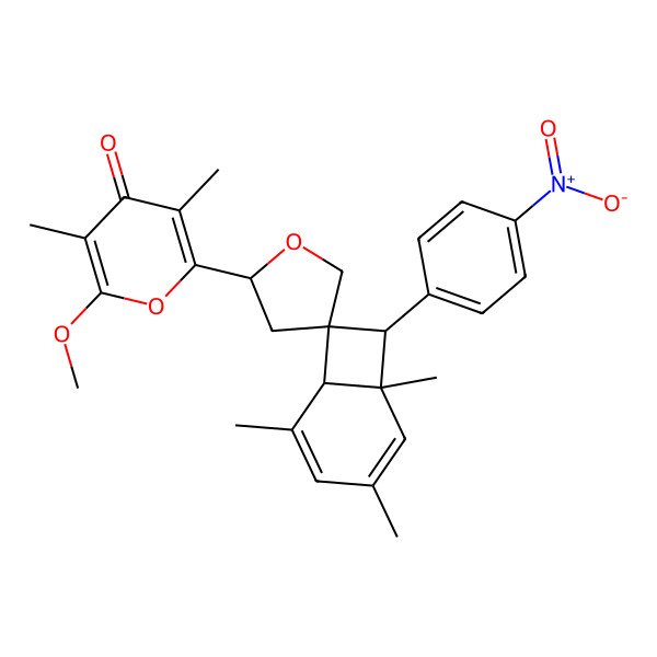 2D Structure of 2-methoxy-3,5-dimethyl-6-[(1R,2'R,6S,7R,8R)-1,3,5-trimethyl-8-(4-nitrophenyl)spiro[bicyclo[4.2.0]octa-2,4-diene-7,4'-oxolane]-2'-yl]pyran-4-one