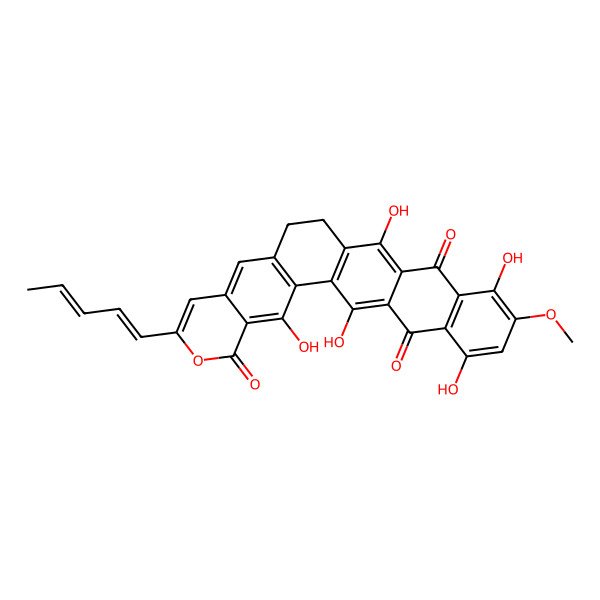 2D Structure of 3,15,19,22,26-Pentahydroxy-20-methoxy-7-penta-1,3-dienyl-6-oxahexacyclo[12.12.0.02,11.04,9.016,25.018,23]hexacosa-1(14),2(11),3,7,9,15,18(23),19,21,25-decaene-5,17,24-trione