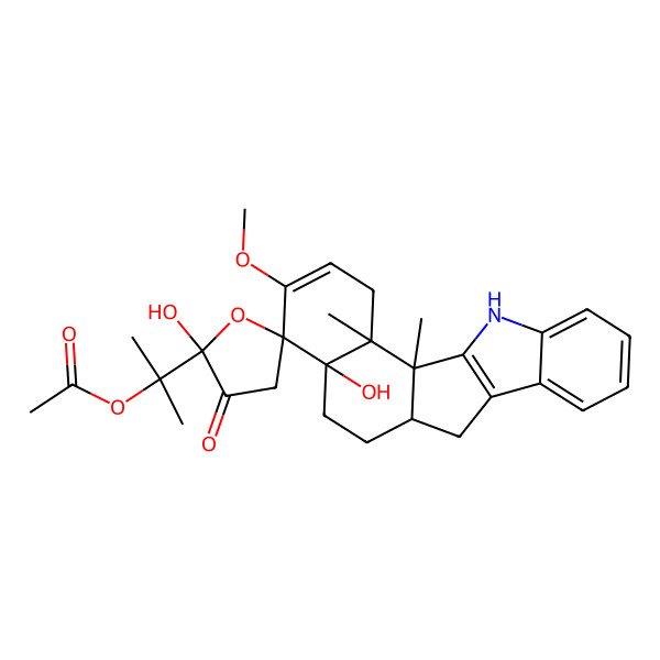 2D Structure of 2-[(1R,2'R,12R,15R,16R,20S)-2',15-dihydroxy-17-methoxy-1,20-dimethyl-3'-oxospiro[3-azapentacyclo[10.8.0.02,10.04,9.015,20]icosa-2(10),4,6,8,17-pentaene-16,5'-oxolane]-2'-yl]propan-2-yl acetate