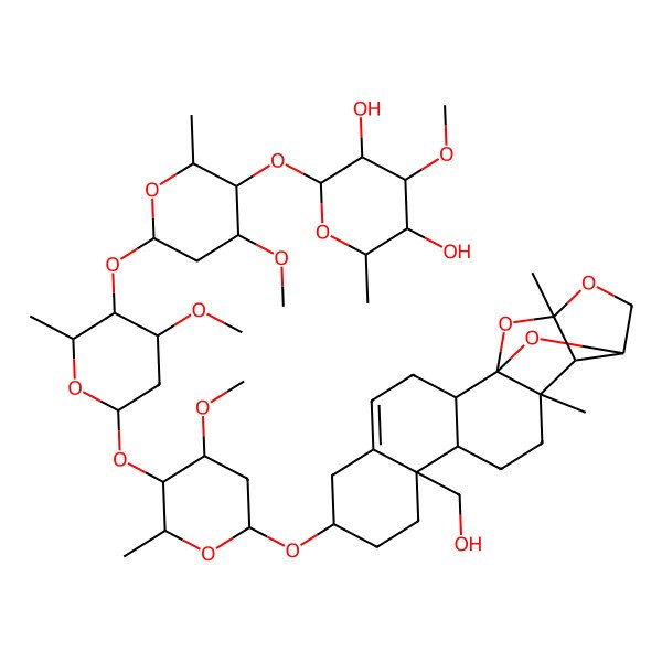 2D Structure of (2S,4S,5R)-2-[(3R,4R,6S)-6-[(3R,4R,6S)-6-[(3R,4R,6R)-6-[[(1S,2R,7S,10S,11S,14R,15R,16R,19S)-10-(hydroxymethyl)-14,16-dimethyl-17,20,21-trioxahexacyclo[14.4.1.01,14.02,11.05,10.015,19]henicos-4-en-7-yl]oxy]-4-methoxy-2-methyloxan-3-yl]oxy-4-methoxy-2-methyloxan-3-yl]oxy-4-methoxy-2-methyloxan-3-yl]oxy-4-methoxy-6-methyloxane-3,5-diol