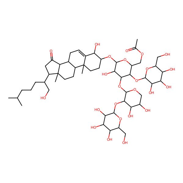 2D Structure of [(2R,3R,4R,5R,6R)-4-[(2S,3S,4R,5R)-4,5-dihydroxy-3-[(2R,3R,4S,5R,6R)-3,4,5-trihydroxy-6-(hydroxymethyl)oxan-2-yl]oxyoxan-2-yl]oxy-5-hydroxy-6-[[(3S,4R,8R,9S,10R,13R,14S,17R)-4-hydroxy-17-[(2R)-1-hydroxy-6-methylheptan-2-yl]-10,13-dimethyl-15-oxo-1,2,3,4,7,8,9,11,12,14,16,17-dodecahydrocyclopenta[a]phenanthren-3-yl]oxy]-3-[(2S,3R,4S,5R,6R)-3,4,5-trihydroxy-6-(hydroxymethyl)oxan-2-yl]oxyoxan-2-yl]methyl acetate