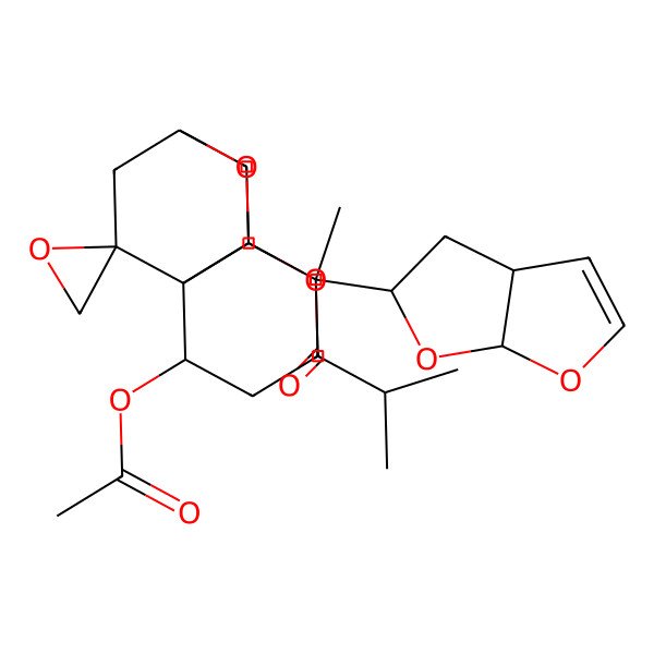 2D Structure of [(1R,2S,5S,6R,8R,10R,11R)-5-[(3aS,5S,6aS)-3a,4,5,6a-tetrahydrofuro[2,3-b]furan-5-yl]-2-acetyloxy-5-methylspiro[9-oxatricyclo[6.2.2.01,6]dodecane-11,2'-oxirane]-10-yl] 2-methylpropanoate