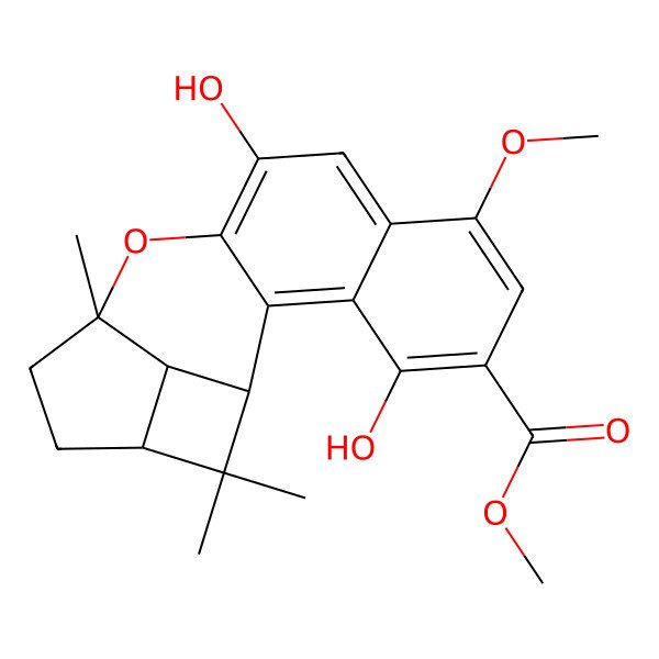 2D Structure of methyl (1R,13R,16S,18R)-4,10-dihydroxy-7-methoxy-13,17,17-trimethyl-12-oxapentacyclo[11.4.1.02,11.03,8.016,18]octadeca-2,4,6,8,10-pentaene-5-carboxylate