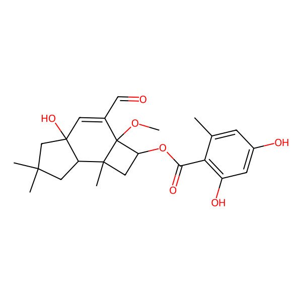 2D Structure of (3-formyl-4a-hydroxy-2a-methoxy-6,6,7b-trimethyl-2,5,7,7a-tetrahydro-1H-cyclobuta[e]inden-2-yl) 2,4-dihydroxy-6-methylbenzoate