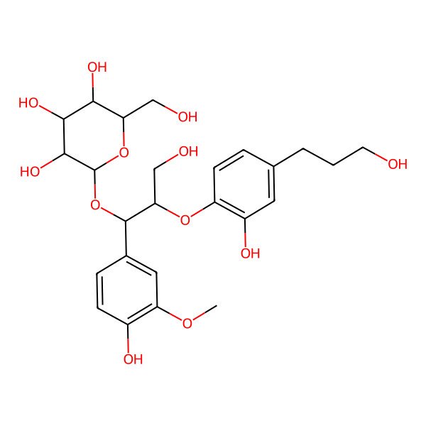 2D Structure of 2-[3-Hydroxy-2-[2-hydroxy-4-(3-hydroxypropyl)phenoxy]-1-(4-hydroxy-3-methoxyphenyl)propoxy]-6-(hydroxymethyl)oxane-3,4,5-triol