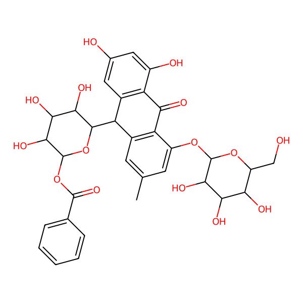 2D Structure of [(6S)-6-[(9S)-2,4-dihydroxy-7-methyl-10-oxo-5-[(2S,3R,4S,5S,6R)-3,4,5-trihydroxy-6-(hydroxymethyl)oxan-2-yl]oxy-9H-anthracen-9-yl]-3,4,5-trihydroxyoxan-2-yl] benzoate