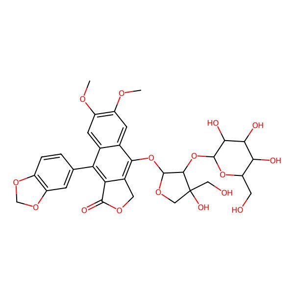 2D Structure of 9-(1,3-benzodioxol-5-yl)-4-[(2S,3R,4R)-4-hydroxy-4-(hydroxymethyl)-3-[(2S,3R,4S,5S,6R)-3,4,5-trihydroxy-6-(hydroxymethyl)oxan-2-yl]oxyoxolan-2-yl]oxy-6,7-dimethoxy-3H-benzo[f][2]benzofuran-1-one