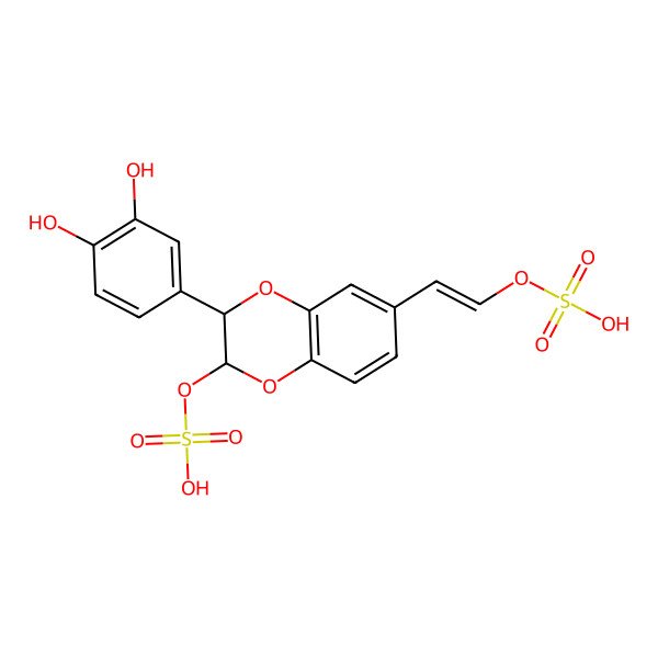 2D Structure of [(E)-2-[3-(3,4-dihydroxyphenyl)-2-sulfooxy-2,3-dihydro-1,4-benzodioxin-6-yl]ethenyl] hydrogen sulfate