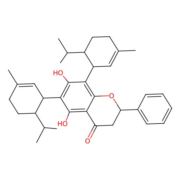 2D Structure of (2R)-5,7-dihydroxy-6,8-bis[(1S,6S)-3-methyl-6-propan-2-ylcyclohex-2-en-1-yl]-2-phenyl-2,3-dihydrochromen-4-one
