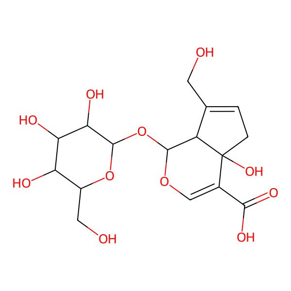 2D Structure of 4a-hydroxy-7-(hydroxymethyl)-1-[3,4,5-trihydroxy-6-(hydroxymethyl)oxan-2-yl]oxy-5,7a-dihydro-1H-cyclopenta[c]pyran-4-carboxylic acid
