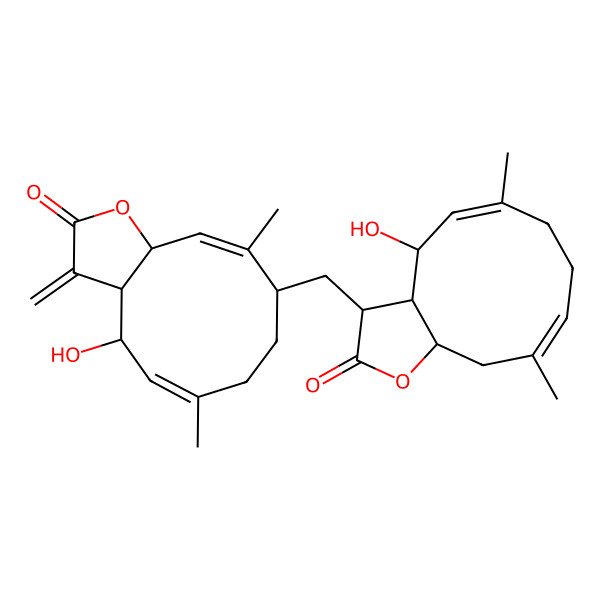 2D Structure of (3aS,4S,5E,9S,10E,11aS)-9-[[(3R,3aS,4R,5E,9E,11aS)-4-hydroxy-6,10-dimethyl-2-oxo-3a,4,7,8,11,11a-hexahydro-3H-cyclodeca[b]furan-3-yl]methyl]-4-hydroxy-6,10-dimethyl-3-methylidene-3a,4,7,8,9,11a-hexahydrocyclodeca[b]furan-2-one