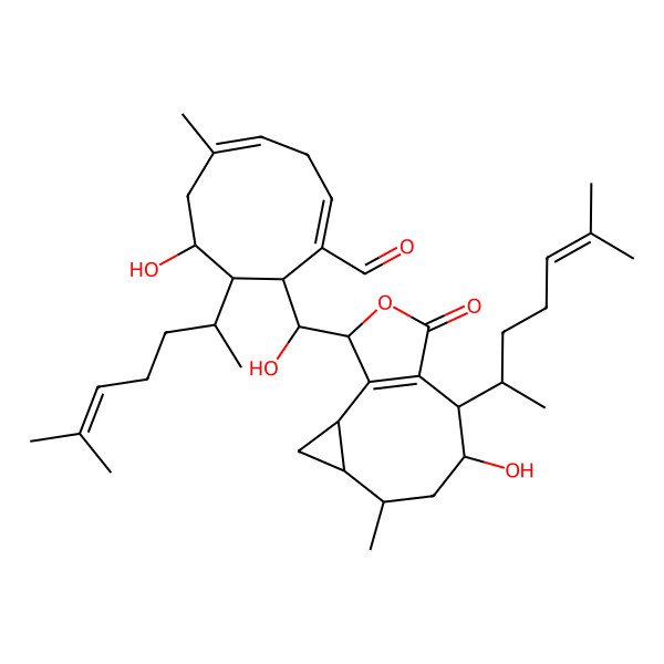 2D Structure of (1E,4E,7R,8S,9S)-7-hydroxy-9-[(R)-hydroxy-[(2S,4S,5R,7R,8S,12R)-7-hydroxy-5-methyl-8-[(2R)-6-methylhept-5-en-2-yl]-10-oxo-11-oxatricyclo[7.3.0.02,4]dodec-1(9)-en-12-yl]methyl]-5-methyl-8-[(2R)-6-methylhept-5-en-2-yl]cyclonona-1,4-diene-1-carbaldehyde