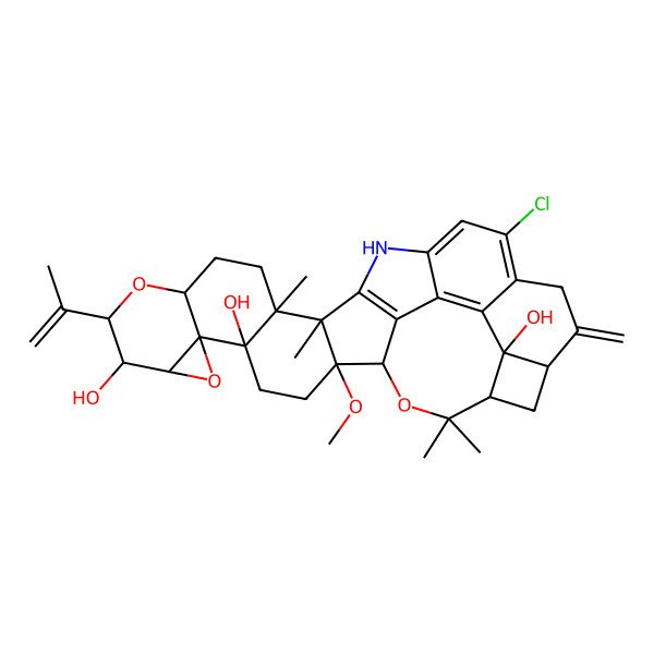 2D Structure of 21-Chloro-2-methoxy-15,16,33,33-tetramethyl-24-methylidene-10-prop-1-en-2-yl-7,11,32-trioxa-18-azadecacyclo[25.4.2.02,16.05,15.06,8.06,12.017,31.019,30.022,29.025,28]tritriaconta-17(31),19,21,29-tetraene-5,9,28-triol
