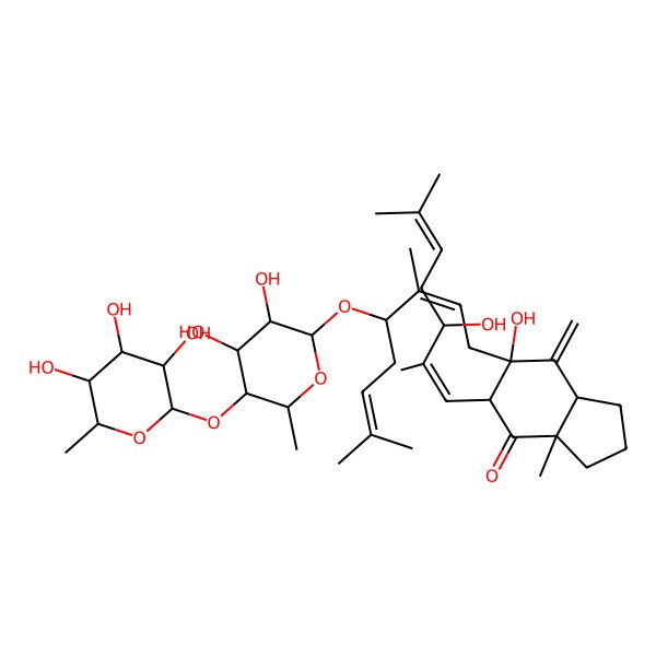 2D Structure of (3aS,5S,6S,7aS)-6-[(2E,4S)-4-[(2R,3R,4R,5R,6R)-3,4-dihydroxy-6-methyl-5-[(2S,3R,4R,5R,6S)-3,4,5-trihydroxy-6-methyloxan-2-yl]oxyoxan-2-yl]oxy-3,7-dimethylocta-2,6-dienyl]-6-hydroxy-5-[(1E,3R)-3-hydroxy-2,6-dimethylhepta-1,5-dienyl]-3a-methyl-7-methylidene-2,3,5,7a-tetrahydro-1H-inden-4-one