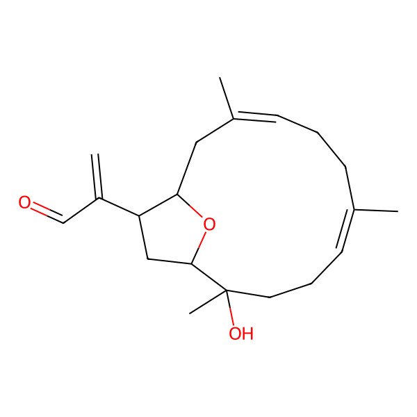 2D Structure of 2-[(1R,2S,5E,9E,12S,13R)-2-hydroxy-2,6,10-trimethyl-15-oxabicyclo[10.2.1]pentadeca-5,9-dien-13-yl]prop-2-enal