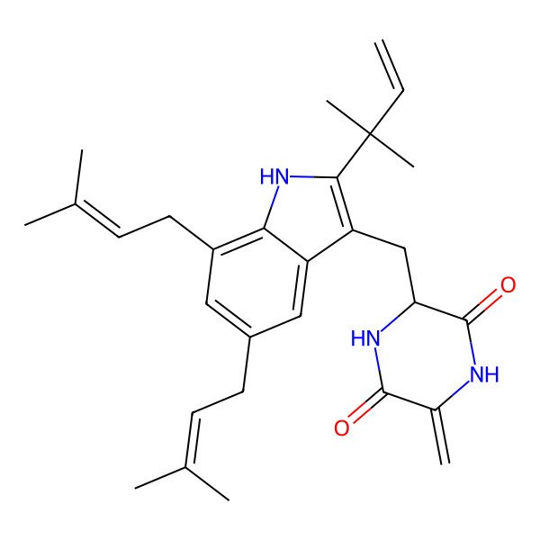 2D Structure of 3-[[2-(2-methylbut-3-en-2-yl)-5,7-bis(3-methylbut-2-enyl)-1H-indol-3-yl]methyl]-6-methylidenepiperazine-2,5-dione