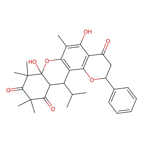2D Structure of (2S,7aS,11aR,12R)-5,7a-dihydroxy-6,8,8,10,10-pentamethyl-2-phenyl-12-propan-2-yl-2,3,11a,12-tetrahydropyrano[2,3-a]xanthene-4,9,11-trione
