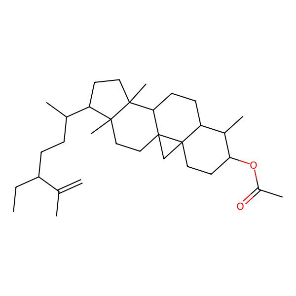 2D Structure of [15-(5-Ethyl-6-methylhept-6-en-2-yl)-7,12,16-trimethyl-6-pentacyclo[9.7.0.01,3.03,8.012,16]octadecanyl] acetate