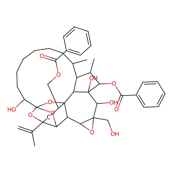 2D Structure of [(1R,2S,4R,5R,6S,7S,9R,10S,11S,12S,13S,14S,15R,22R,23R,25R)-12-benzoyloxy-10,11,22-trihydroxy-9-(hydroxymethyl)-13,15-dimethyl-4-prop-1-en-2-yl-8,24,26,27-tetraoxaheptacyclo[12.10.1.14,23.15,23.01,6.07,9.011,25]heptacosan-2-yl]methyl benzoate