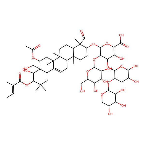 2D Structure of (2S,3S,4S,5R,6R)-6-[[(3S,4S,4aR,6aR,6bS,8R,8aS,9R,10R,12aS,14aR,14bR)-8-acetyloxy-4-formyl-9-hydroxy-8a-(hydroxymethyl)-4,6a,6b,11,11,14b-hexamethyl-10-[(Z)-2-methylbut-2-enoyl]oxy-1,2,3,4a,5,6,7,8,9,10,12,12a,14,14a-tetradecahydropicen-3-yl]oxy]-4-[(2R,3R,5R,6S)-5,6-dihydroxy-3-[(2S,3R,4S,5R)-3,4,5-trihydroxyoxan-2-yl]oxyoxan-2-yl]oxy-3-hydroxy-5-[(2S,3R,4S,5R,6R)-3,4,5-trihydroxy-6-(hydroxymethyl)oxan-2-yl]oxyoxane-2-carboxylic acid