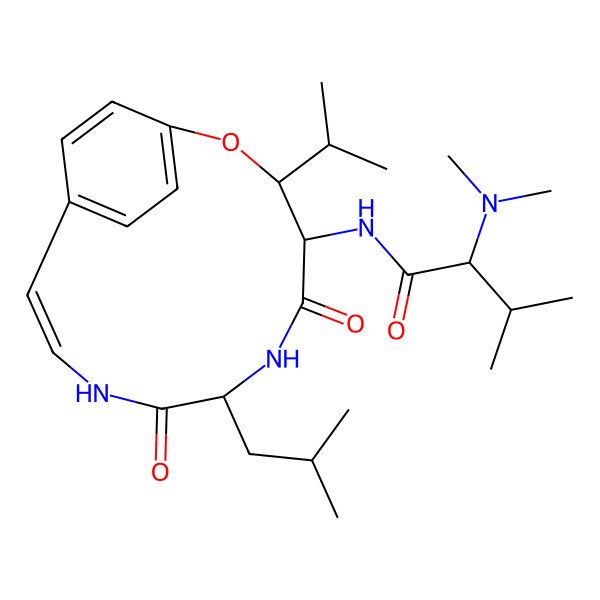 2D Structure of (2S)-2-(dimethylamino)-3-methyl-N-[(3S,4S,7R,10Z)-7-(2-methylpropyl)-5,8-dioxo-3-propan-2-yl-2-oxa-6,9-diazabicyclo[10.2.2]hexadeca-1(14),10,12,15-tetraen-4-yl]butanamide