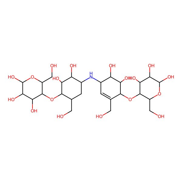 2D Structure of 5-[4-[[5,6-Dihydroxy-3-(hydroxymethyl)-4-[4,5,6-trihydroxy-2-(hydroxymethyl)oxan-3-yl]oxycyclohex-2-en-1-yl]amino]-2,3-dihydroxy-6-(hydroxymethyl)cyclohexyl]oxy-6-(hydroxymethyl)oxane-2,3,4-triol