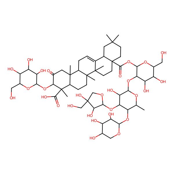 2D Structure of 8a-[3-[4-[3,4-dihydroxy-4-(hydroxymethyl)oxolan-2-yl]oxy-3-hydroxy-6-methyl-5-(3,4,5-trihydroxyoxan-2-yl)oxyoxan-2-yl]oxy-4,5-dihydroxy-6-(hydroxymethyl)oxan-2-yl]oxycarbonyl-4,6a,6b,11,11,14b-hexamethyl-2-oxo-3-[3,4,5-trihydroxy-6-(hydroxymethyl)oxan-2-yl]oxy-3,4a,5,6,7,8,9,10,12,12a,14,14a-dodecahydro-1H-picene-4-carboxylic acid