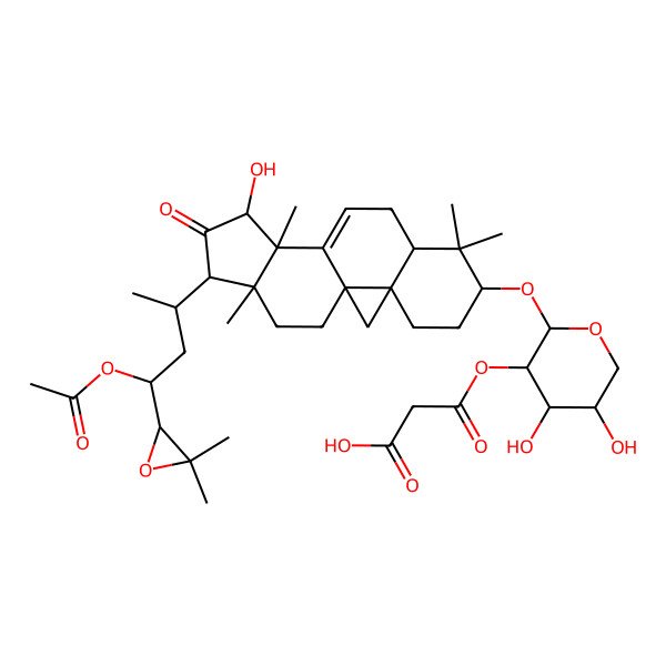 2D Structure of 3-[(2S,3R,4S,5R)-2-[[(1R,3R,6S,8R,12R,13R,15R,16R)-15-[(2R,4R)-4-acetyloxy-4-[(2S)-3,3-dimethyloxiran-2-yl]butan-2-yl]-13-hydroxy-7,7,12,16-tetramethyl-14-oxo-6-pentacyclo[9.7.0.01,3.03,8.012,16]octadec-10-enyl]oxy]-4,5-dihydroxyoxan-3-yl]oxy-3-oxopropanoic acid