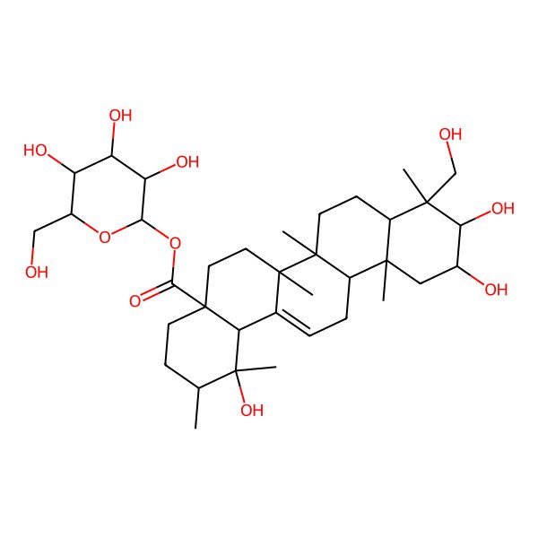 2D Structure of [(2S,3R,4S,5S,6R)-3,4,5-trihydroxy-6-(hydroxymethyl)oxan-2-yl] (1R,2R,4aS,6aR,6aR,6bR,8aS,9R,10R,11R,12aR,14bS)-1,10,11-trihydroxy-9-(hydroxymethyl)-1,2,6a,6b,9,12a-hexamethyl-2,3,4,5,6,6a,7,8,8a,10,11,12,13,14b-tetradecahydropicene-4a-carboxylate