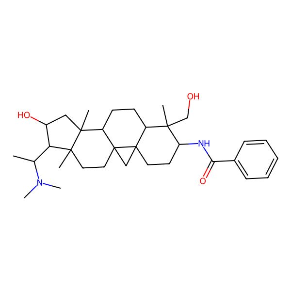 2D Structure of N-[15-[1-(dimethylamino)ethyl]-14-hydroxy-7-(hydroxymethyl)-7,12,16-trimethyl-6-pentacyclo[9.7.0.01,3.03,8.012,16]octadecanyl]benzamide