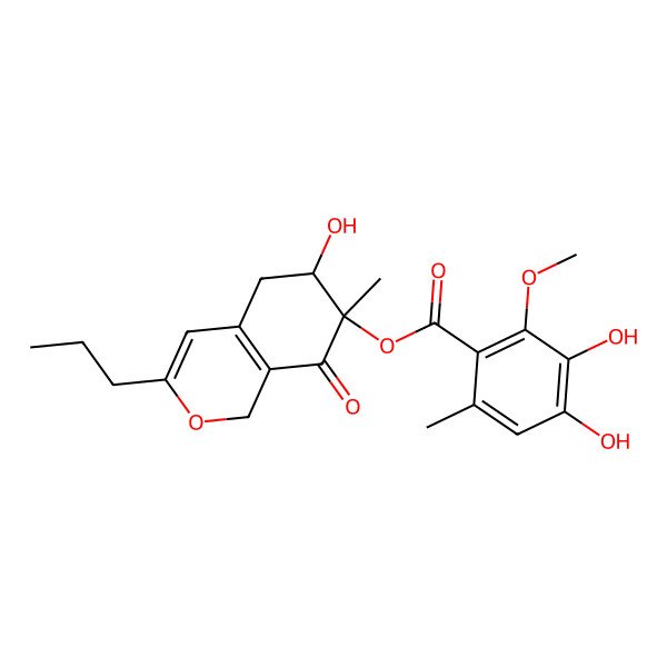 2D Structure of (6-hydroxy-7-methyl-8-oxo-3-propyl-5,6-dihydro-1H-isochromen-7-yl) 3,4-dihydroxy-2-methoxy-6-methylbenzoate