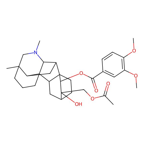 2D Structure of [12-(Acetyloxymethyl)-12-hydroxy-5,7-dimethyl-7-azahexacyclo[7.6.2.210,13.01,8.05,16.010,15]nonadecan-11-yl] 3,4-dimethoxybenzoate