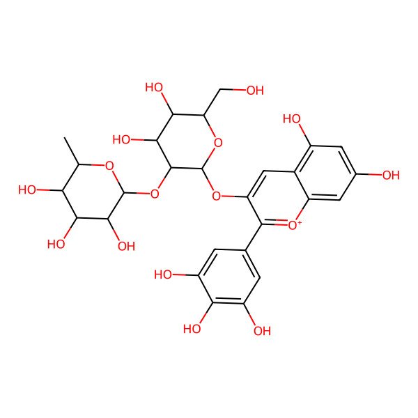 2D Structure of (2S,3R,4R,5R,6S)-2-[(2S,3R,4S,5S,6R)-2-[5,7-dihydroxy-2-(3,4,5-trihydroxyphenyl)chromenylium-3-yl]oxy-4,5-dihydroxy-6-(hydroxymethyl)oxan-3-yl]oxy-6-methyloxane-3,4,5-triol