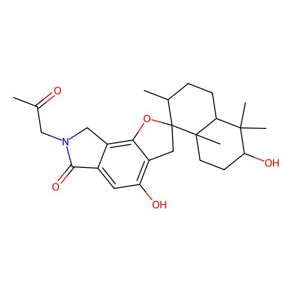 2D Structure of 3,4'-dihydroxy-4,4,7,8a-tetramethyl-7'-(2-oxopropyl)spiro[2,3,4a,5,6,7-hexahydro-1H-naphthalene-8,2'-3,8-dihydrofuro[2,3-e]isoindole]-6'-one