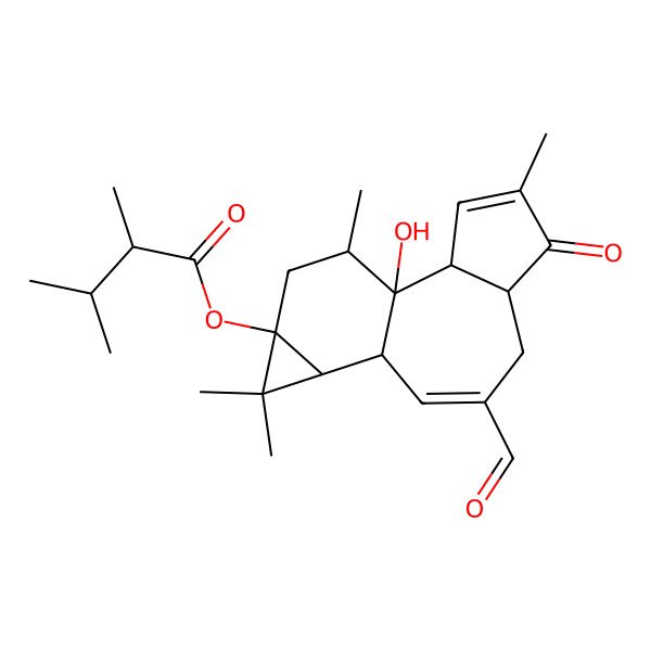2D Structure of (8-Formyl-1-hydroxy-4,12,12,15-tetramethyl-5-oxo-13-tetracyclo[8.5.0.02,6.011,13]pentadeca-3,8-dienyl) 2,3-dimethylbutanoate