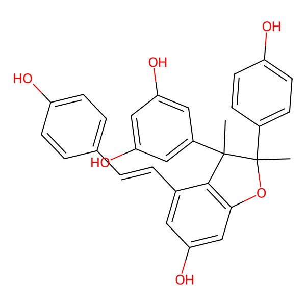 2D Structure of 5-[6-Hydroxy-2-(4-hydroxyphenyl)-4-[2-(4-hydroxyphenyl)ethenyl]-2,3-dimethyl-1-benzofuran-3-yl]benzene-1,3-diol