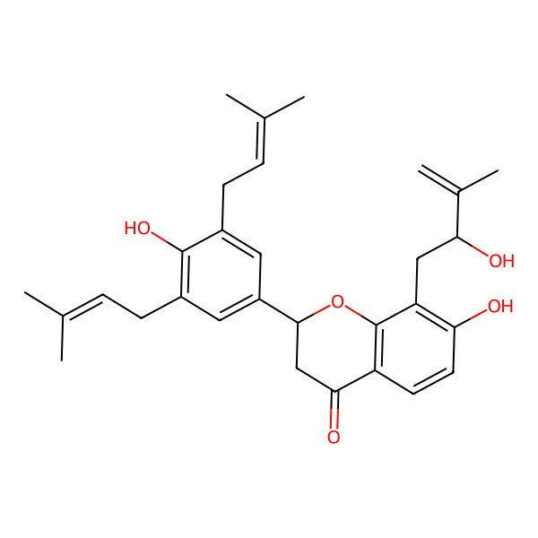 2D Structure of (2S)-7-hydroxy-2-[4-hydroxy-3,5-bis(3-methylbut-2-enyl)phenyl]-8-[(2R)-2-hydroxy-3-methylbut-3-enyl]-2,3-dihydrochromen-4-one