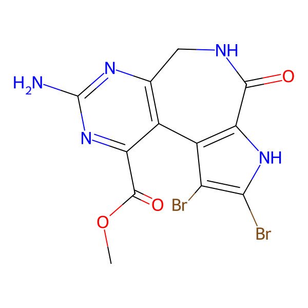 2D Structure of Methyl 12-amino-3,4-dibromo-7-oxo-5,8,11,13-tetrazatricyclo[8.4.0.02,6]tetradeca-1(10),2(6),3,11,13-pentaene-14-carboxylate