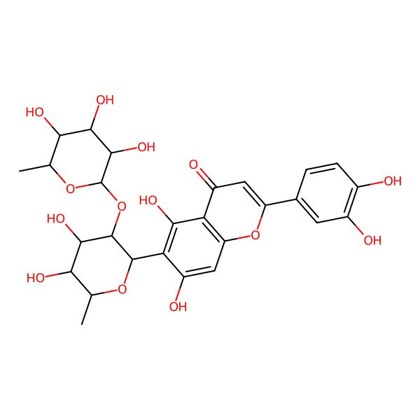 2D Structure of 6-[(2S,3R,4S,5S,6R)-4,5-dihydroxy-6-methyl-3-[(2S,3R,4R,5R,6S)-3,4,5-trihydroxy-6-methyloxan-2-yl]oxyoxan-2-yl]-2-(3,4-dihydroxyphenyl)-5,7-dihydroxychromen-4-one