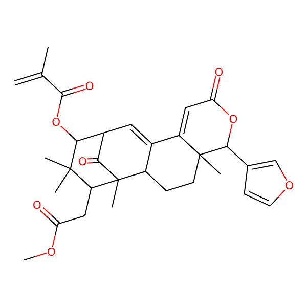 2D Structure of [(1S,5R,6R,14R)-6-(furan-3-yl)-16-(2-methoxy-2-oxoethyl)-1,5,15,15-tetramethyl-8,17-dioxo-7-oxatetracyclo[11.3.1.02,11.05,10]heptadeca-9,11-dien-14-yl] 2-methylprop-2-enoate