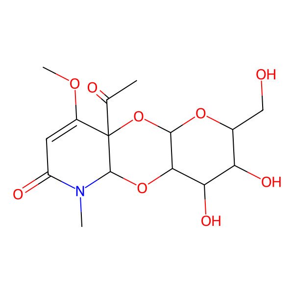 2D Structure of 1-Acetyl-6,7-dihydroxy-5-(hydroxymethyl)-14-methoxy-11-methyl-2,4,9-trioxa-11-azatricyclo[8.4.0.03,8]tetradec-13-en-12-one
