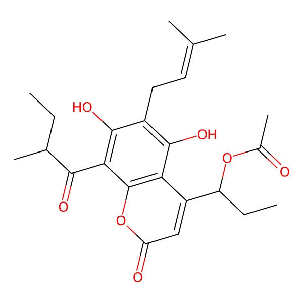 2D Structure of [(1S)-1-[5,7-dihydroxy-8-[(2R)-2-methylbutanoyl]-6-(3-methylbut-2-enyl)-2-oxochromen-4-yl]propyl] acetate