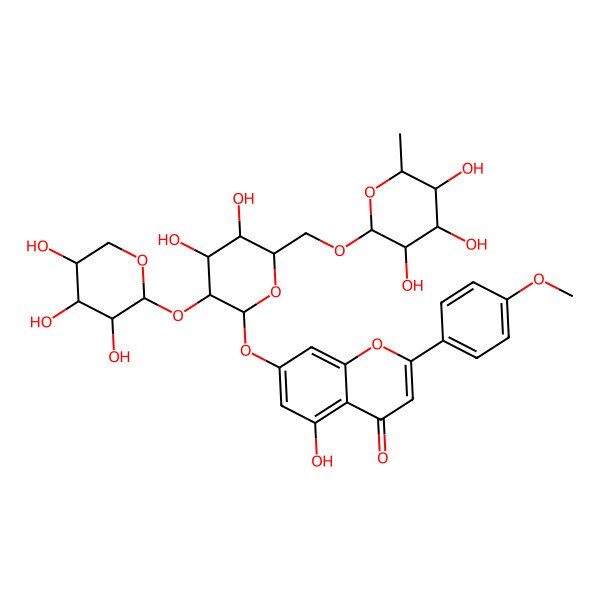 2D Structure of 7-[4,5-Dihydroxy-6-[(3,4,5-trihydroxy-6-methyloxan-2-yl)oxymethyl]-3-(3,4,5-trihydroxyoxan-2-yl)oxyoxan-2-yl]oxy-5-hydroxy-2-(4-methoxyphenyl)chromen-4-one